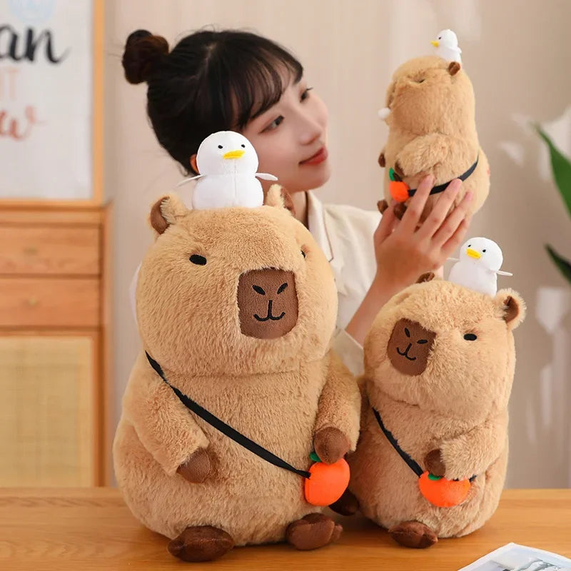 Strawberry Hat Capybara Plush Toy with Turtle Backpack Pendant