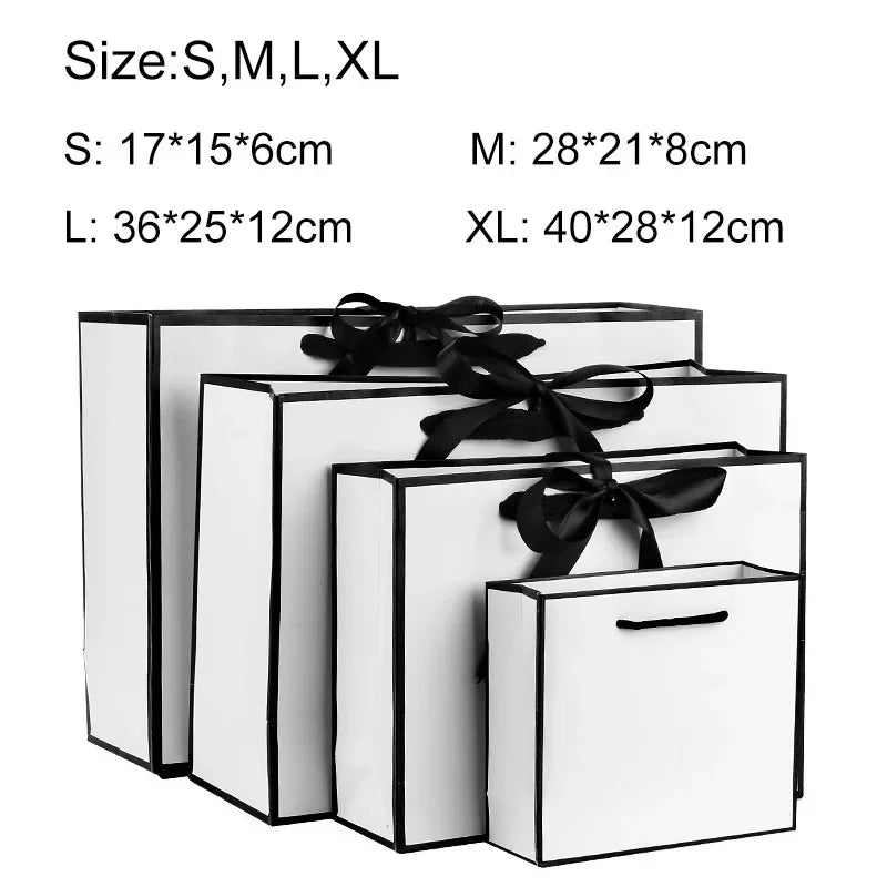 White Paper Gift Boxes with Black Border 1-50 Pieces Portable Tote Bags with Bow Ribbon for Dinner Party Supplies