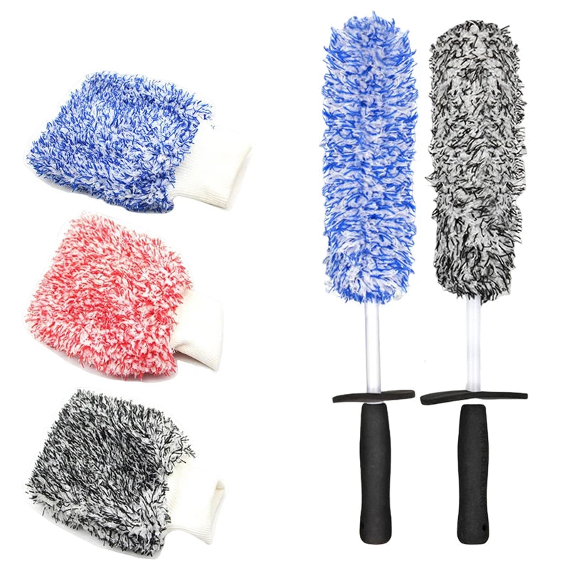 Car Wash Brush Microfiber Wheel Cleaning Gloves Non-Slip Handle