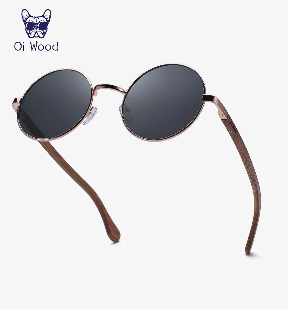 Oi Wood Retro Round Sunglasses For Men Women Polarized Blue Mirror Eyewear 8024
