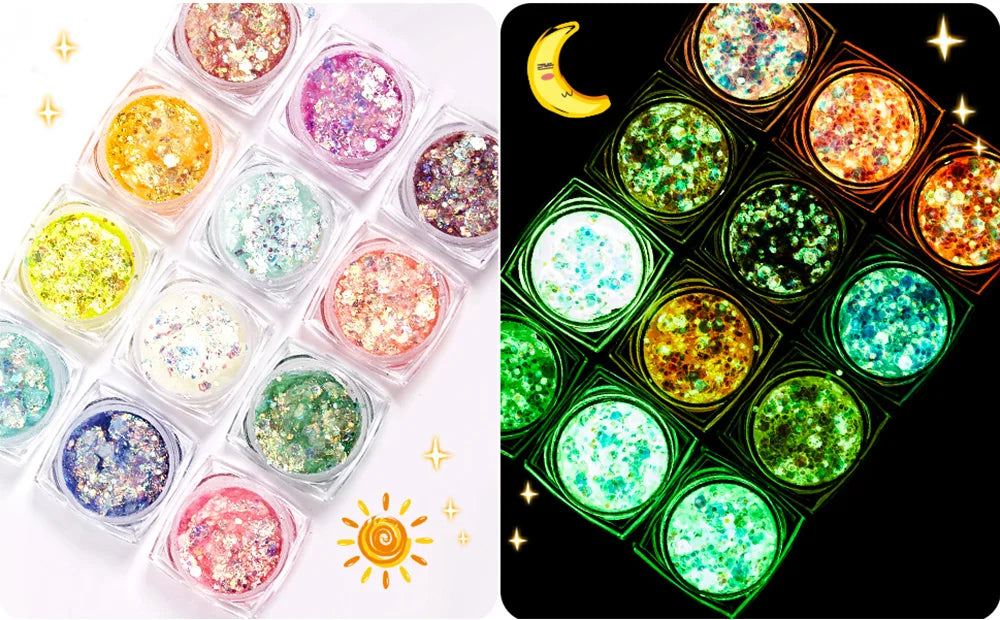 12 Colors Glow in The Dark Glitter Gel Makeup for Festivals and Parties UV Body and Face Glitter