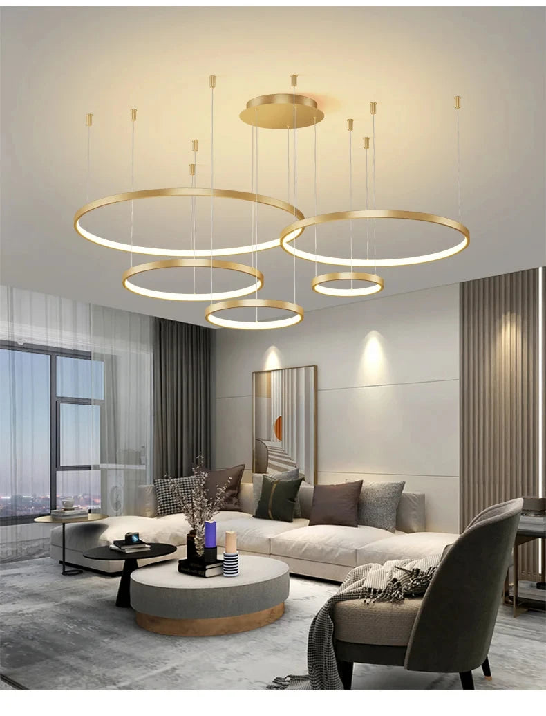 Black Rings Modern Minimalist Dimmable Pendant Light for Living Room and Restaurant Remote Control Chandelier Home Decor