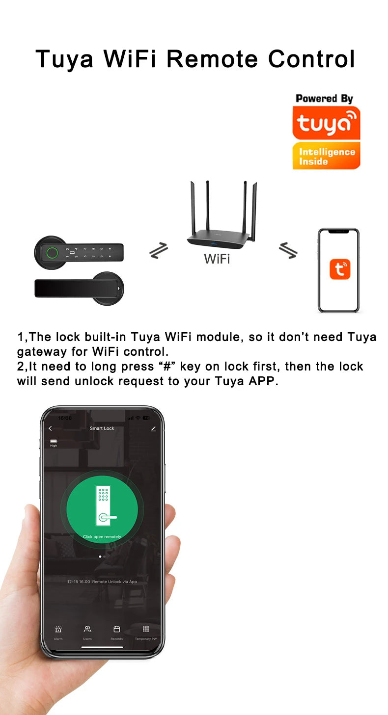 Tuya SmartLife WiFi Remote Control Smart Fingerprint Password RFID Card Lock for Indoor Wooden and Metal Doors