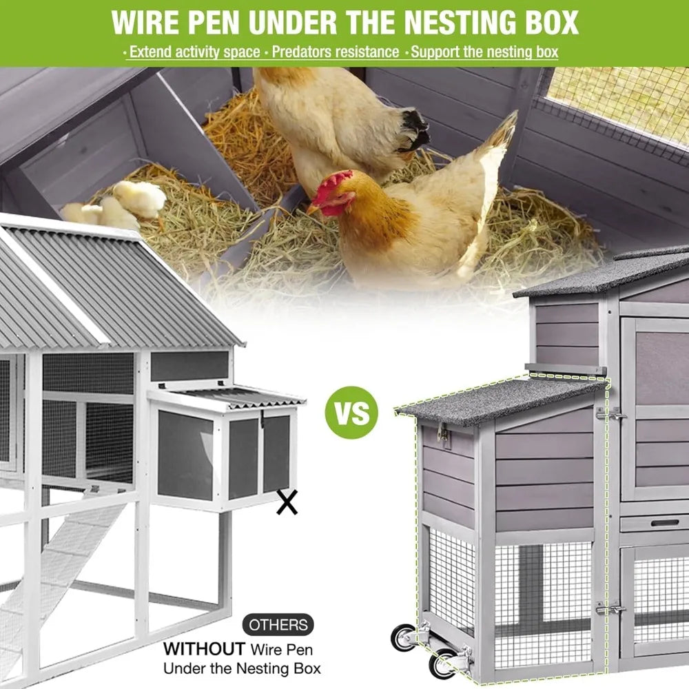 Gutinneen Chicken Coop Mobile Hen House on Wheels Large Chicken House with Run Outdoor Poultry Cage Waterproof Roof Duck Coop,Co