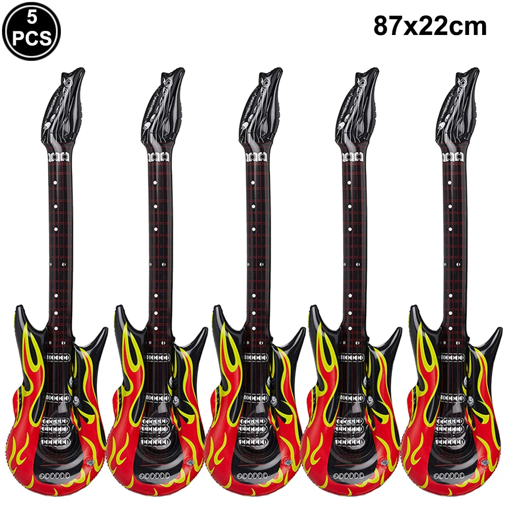 5 Piece PVC Musical Instrument Inflatable Balloon Set with Guitar and Microphone for Kids Birthday and Retro Party Decorations