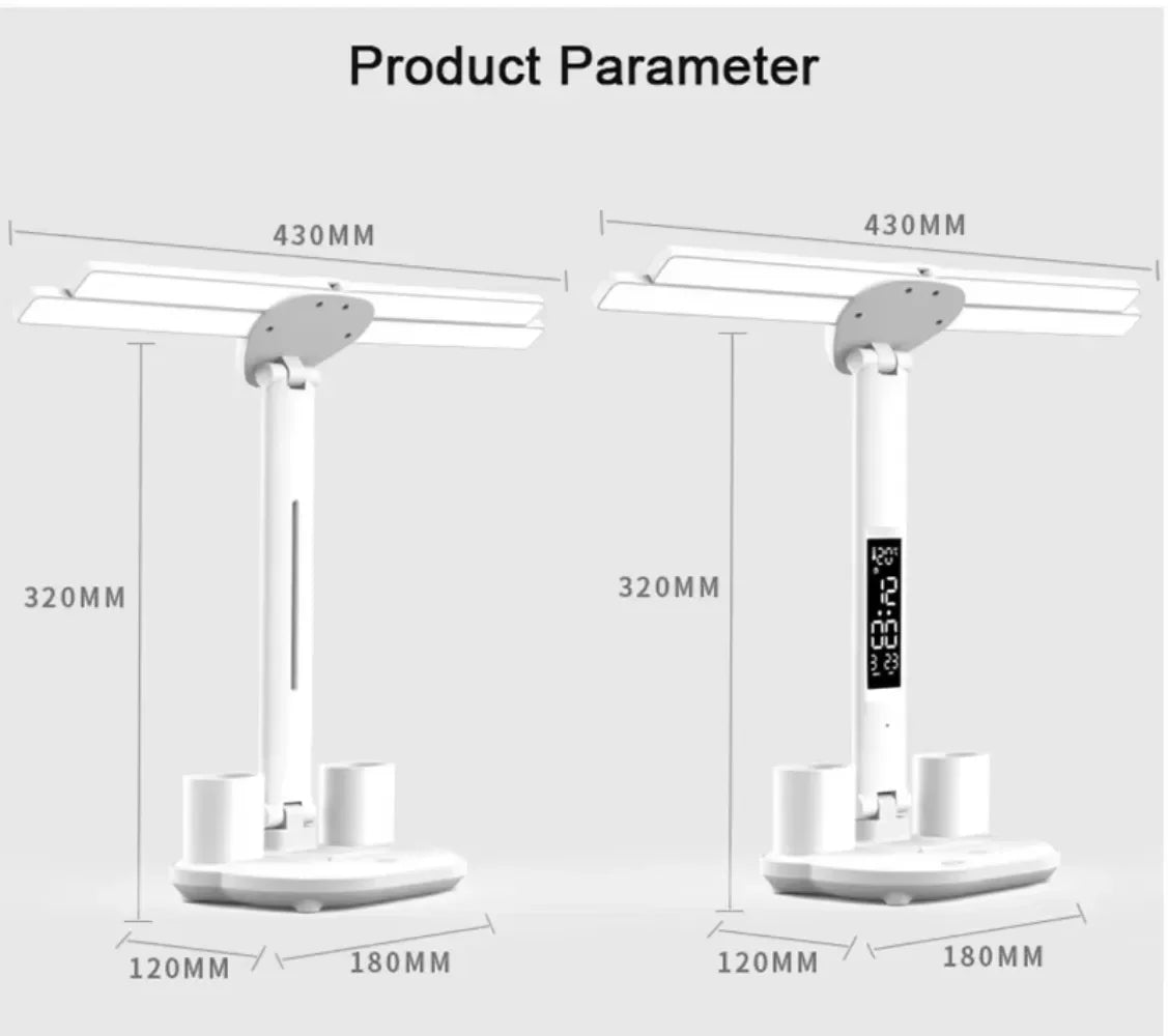 Multifunctional 3 Color LED Desk Lamp with Clock Fan and USB Charging Four Headed Folding Design