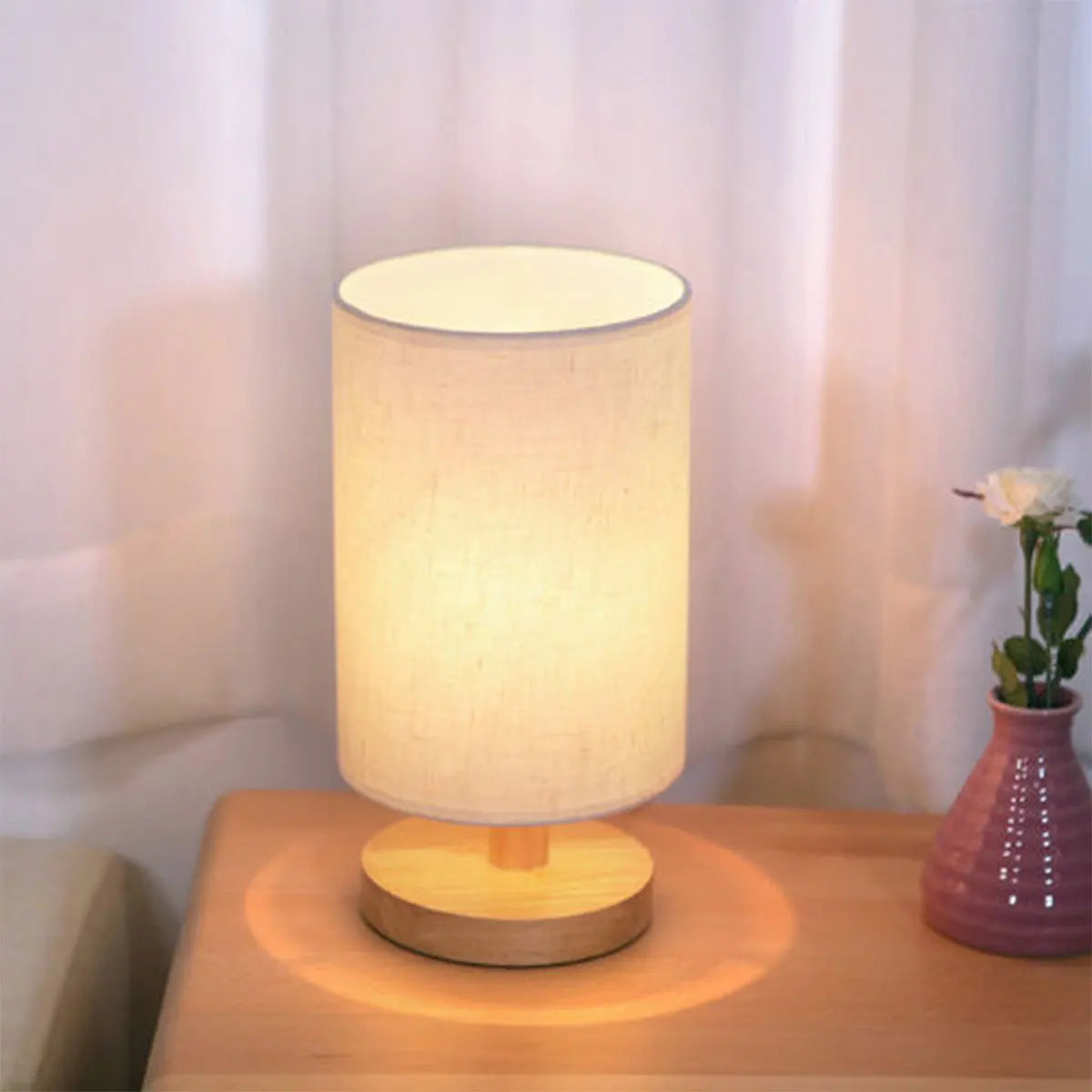 USB Wooden Bedside Lamp with Cylinder Shade Night Light for Bedroom Home Decor