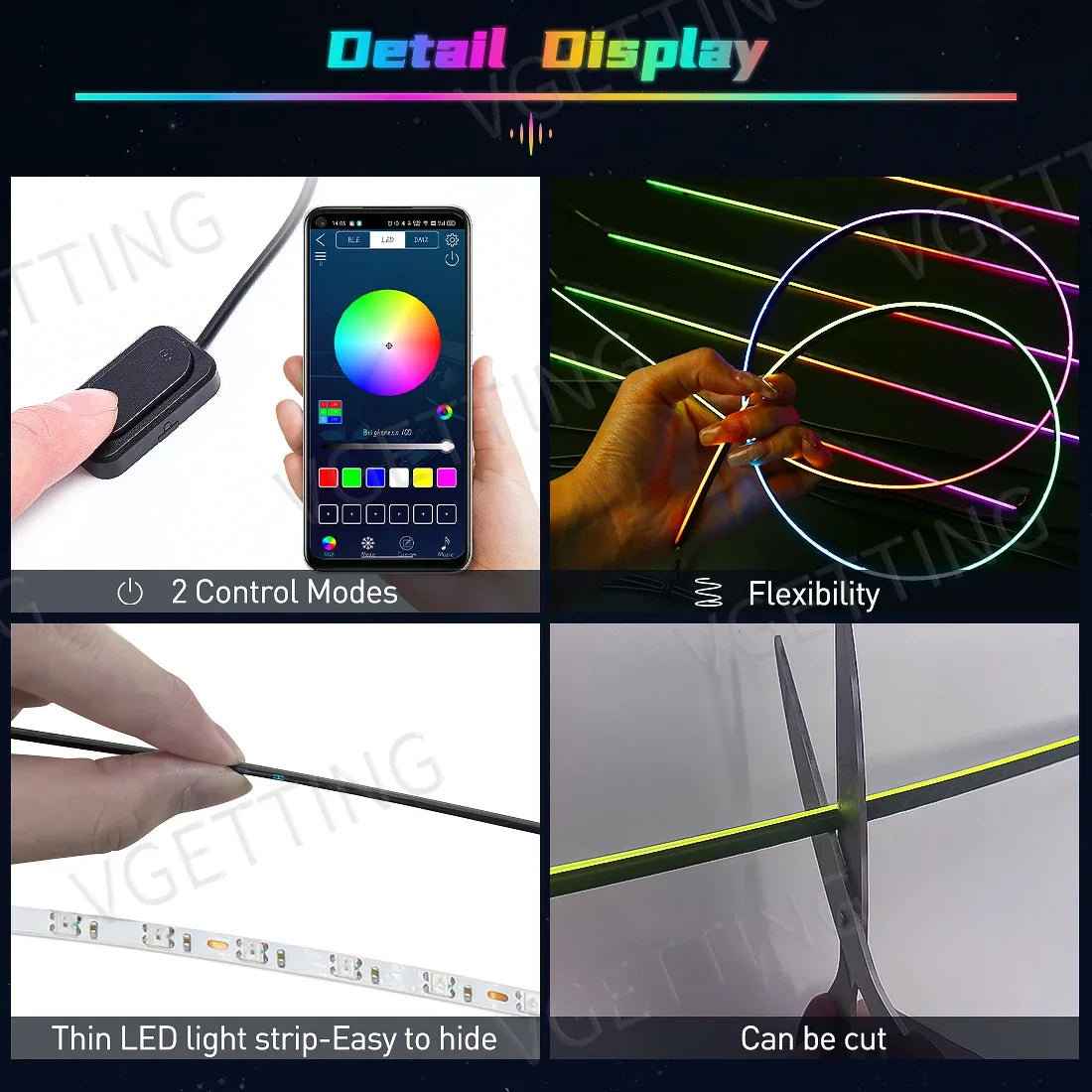 Vgetting 18 in 1 Car Ambient Lights LED Acrylic Strips RGB 64 Colors APP Control