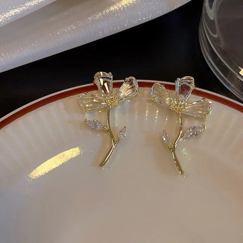 Gold Plated CZ Stone Flower Earrings for Women Fashion