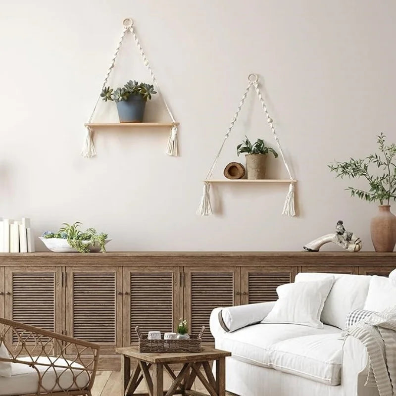 Wooden Wall Shelves Boho Floating Macrame Hangers Rustic Decor