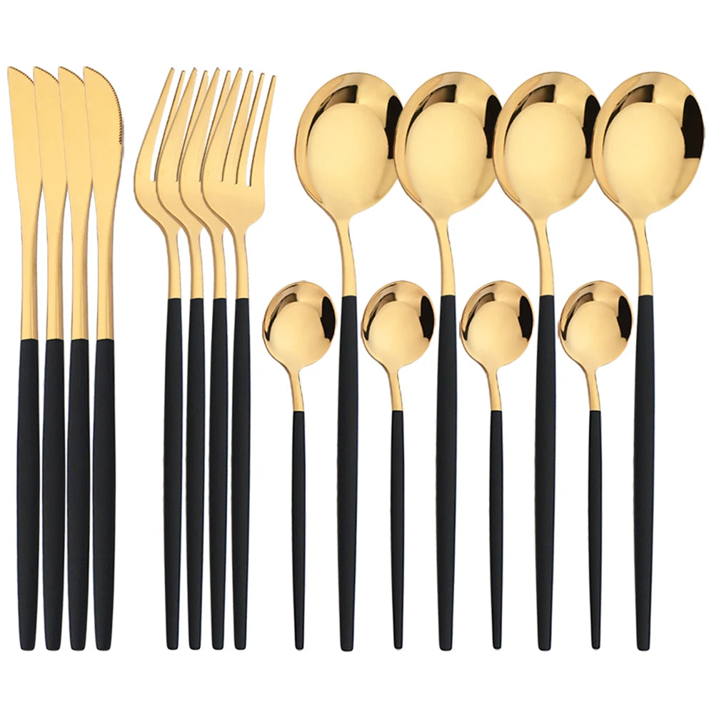 16 Piece Black and Gold Stainless Steel Cutlery Set Elegant Dinnerware Flatware for Home and Special Occasions
