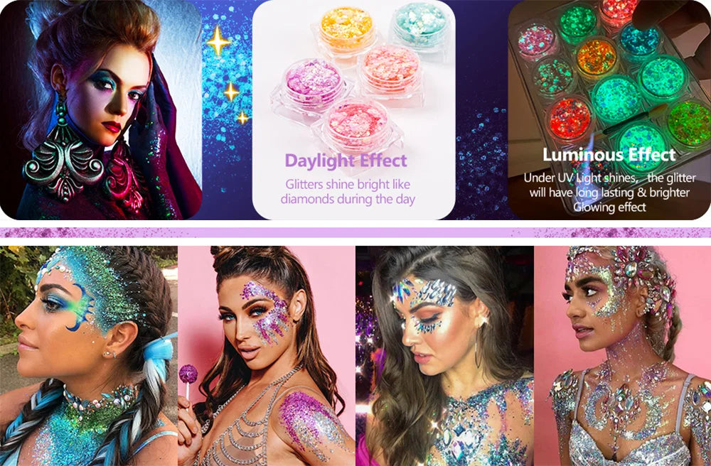 12 Colors Glow in The Dark Glitter Gel Makeup for Festivals and Parties UV Body and Face Glitter