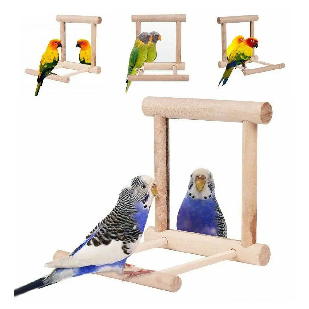 Wood Bird Mirror With Perch Stand Bird Toy Stand Bird Toy For Parrot Parakeets Cockatiels Cage Cage Parakeet Accessories