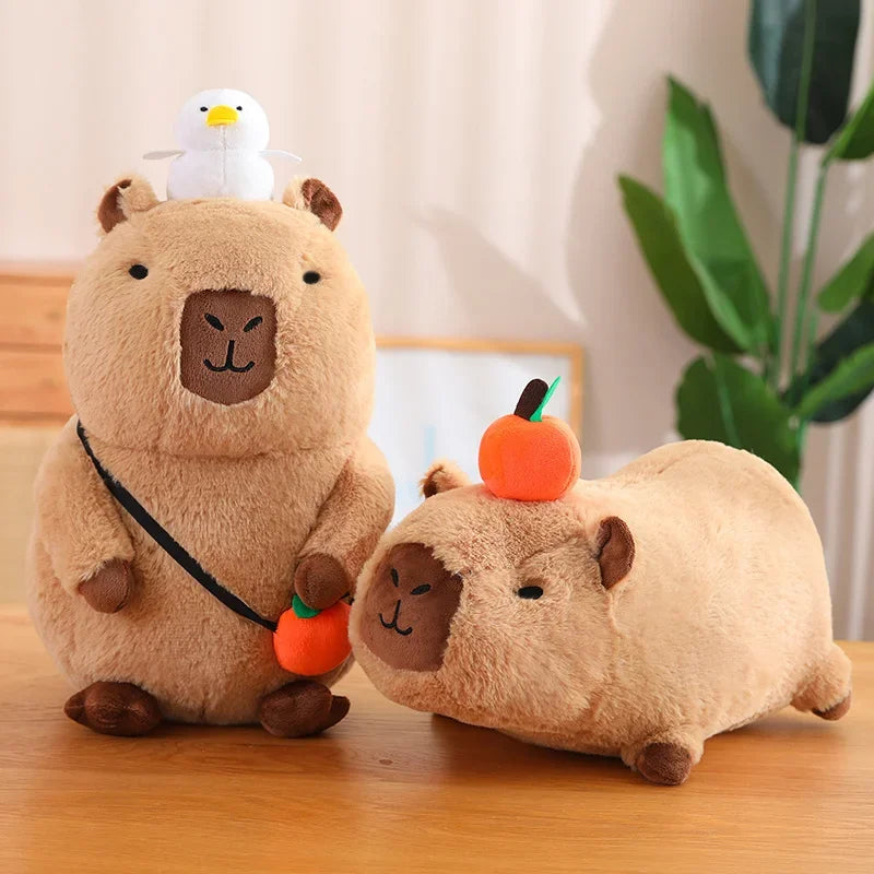 Strawberry Hat Capybara Plush Toy with Turtle Backpack Pendant