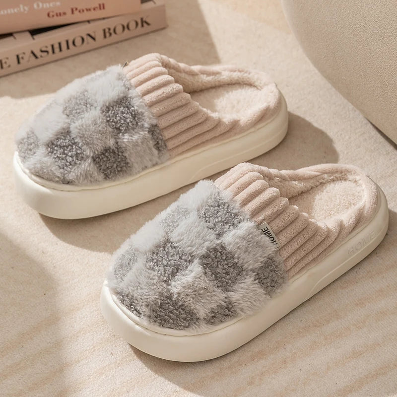 Fashion Couple Winter Toe Wrap Warm Plaid Cotton Slippers