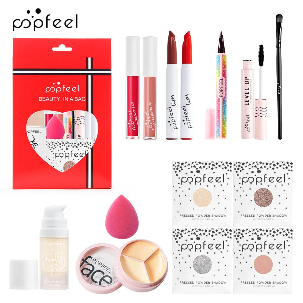 Popfeel All in One Makeup Kit Gift Set with Eyeshadow Palette Foundation Lip Gloss Blush Brushes and Eyeliner Essential Beauty Collection