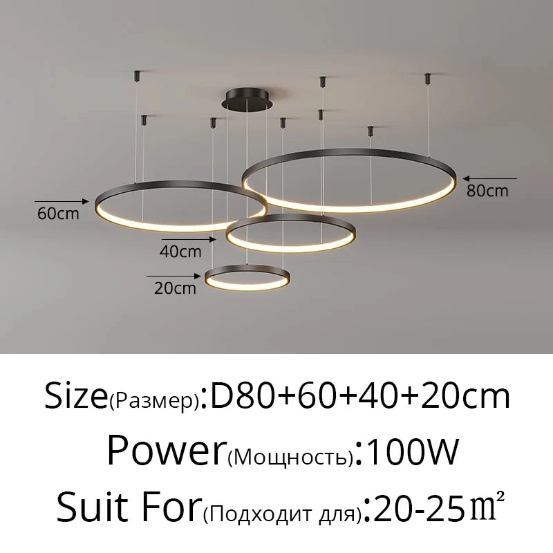 Black Rings Modern Minimalist Dimmable Pendant Light for Living Room and Restaurant Remote Control Chandelier Home Decor
