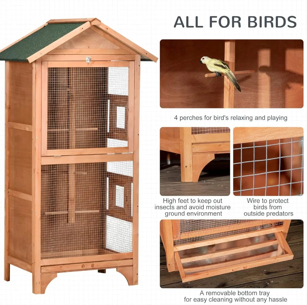 60" Wooden Outdoor Bird Cage for Finches, Parakeet, Large Bird Cage with Removable Bottom Tray 4 Perch, Orange