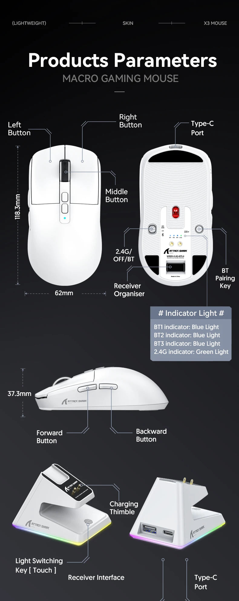 Attack Shark X6 PAW3395 Bluetooth Mouse with RGB Base