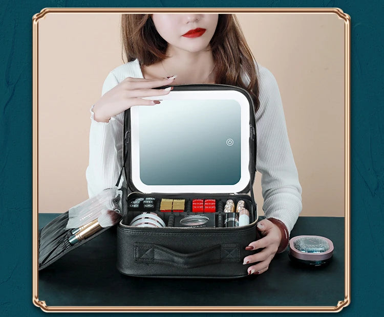 Smart LED Makeup Case with Mirror and USB Charging Waterproof Travel Cosmetic Bag for Women Portable Vanity with Adjustable Lighting