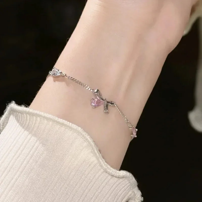 Shiny Pink Crystal Cherry Blossom Bracelets For Women Girls