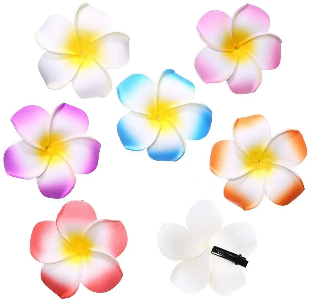 50Pcs 2.4 Inch White Foam Hawaiian Frangipani Artificial Plumeria Flower Hair Clips for Tropical Home Decor and Beach Party Decorations