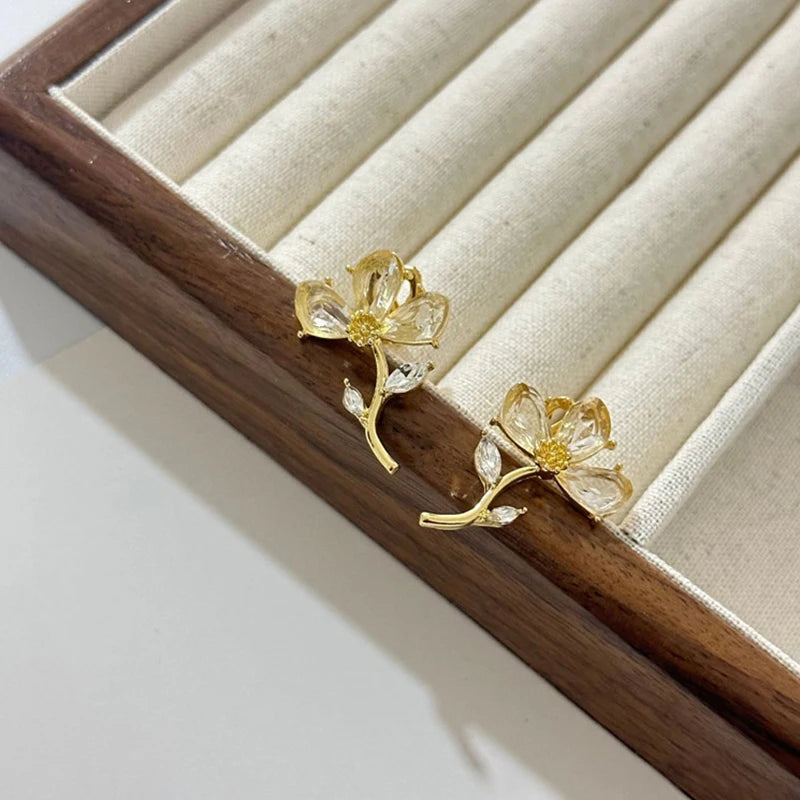 Gold Plated CZ Stone Flower Earrings for Women Fashion