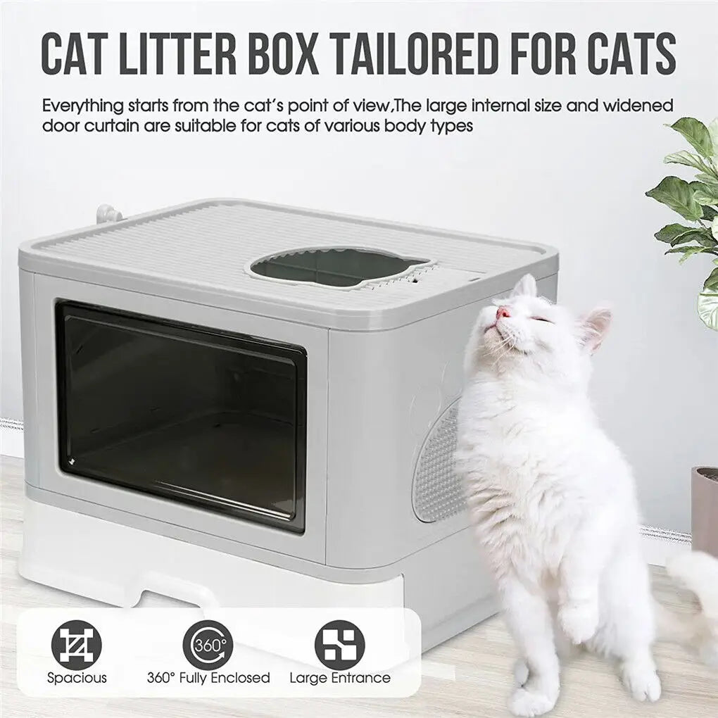 Foldable Cat Litter Box with Massager Scoop and Dual Access