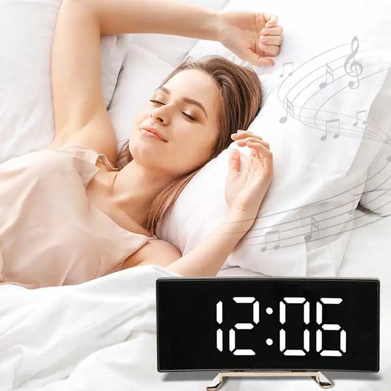 Creative Curved Electronic Clock LED Large Screen Mirror Alarm Clock for Students Silent Multifunctional Desktop Use