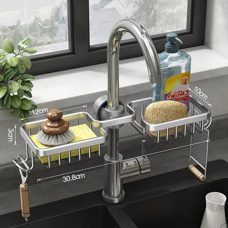 Aluminum Sink Drain Rack Sponge Holder and Soap Organizer Bathroom Kitchen Accessory