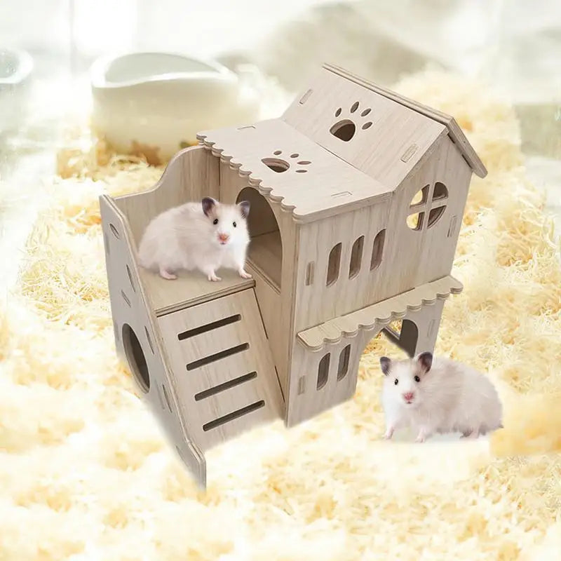 Large Hamster House Double-decker Gerbil Hut With Ladder Large Wooden Small Animals Pets Exploring Toys For Chinchilla