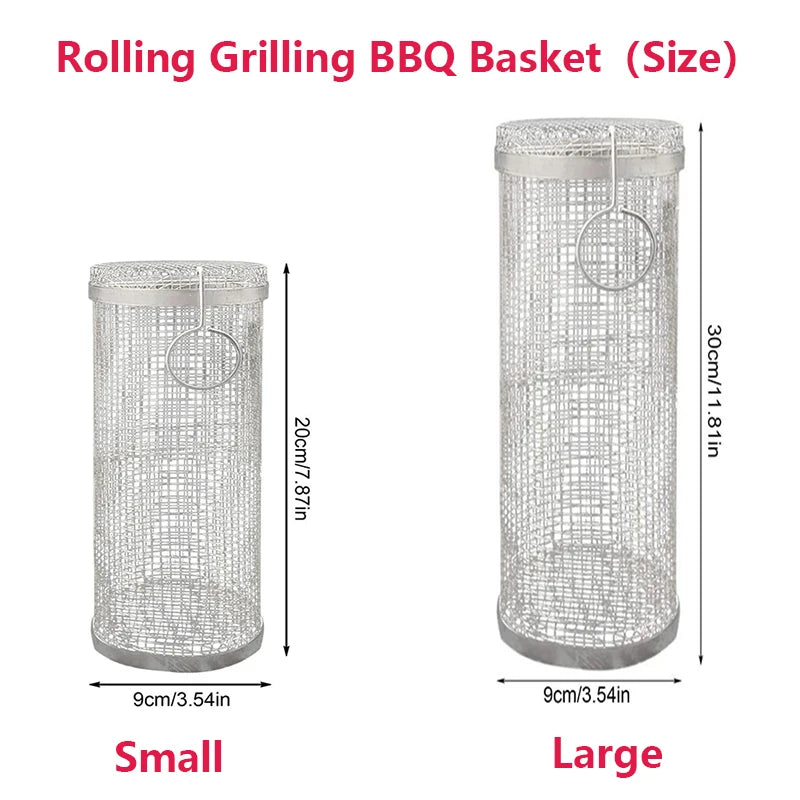 Rolling BBQ Basket – Stainless Steel Grilling Mesh Rack for Vegetables, Fish & Meat, Ideal for Camping BBQs