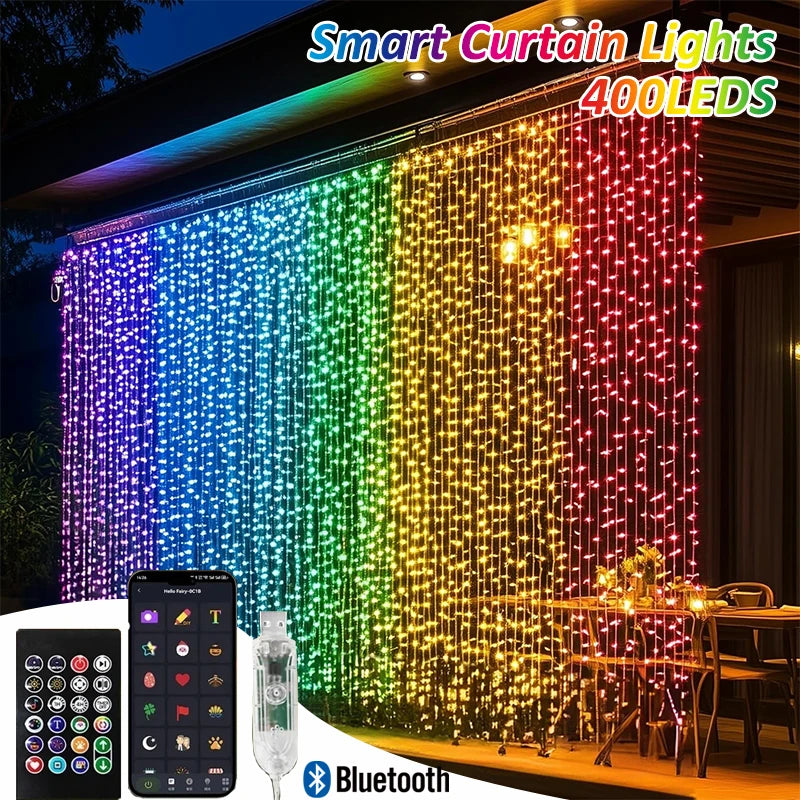 Smart Curtain Lights Bluetooth App Control RGB LED String Waterproof Fairy Light USB DIY Text Display for Party Decor