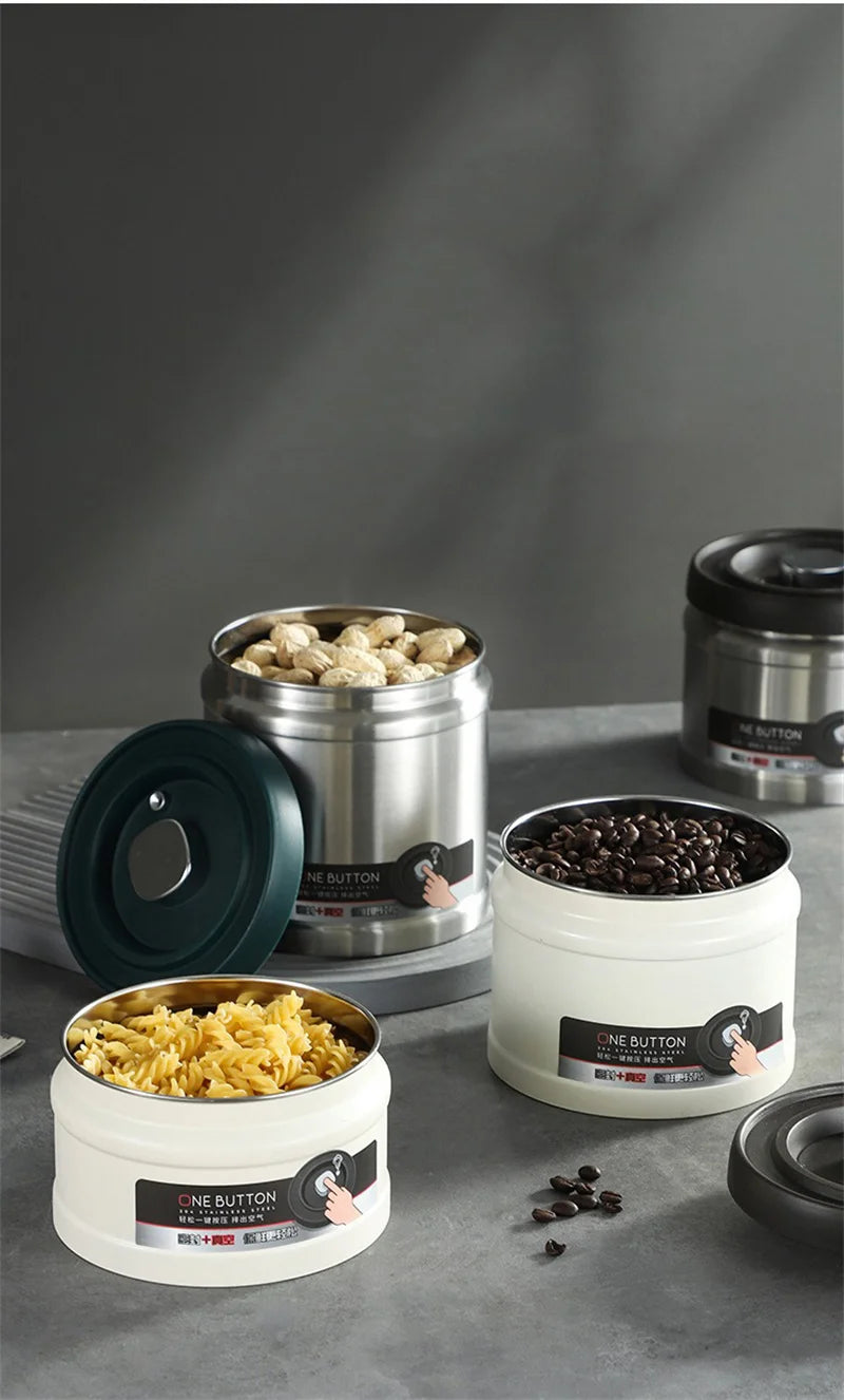 Coffee Bean Vacuum Sealed Canister 304 Stainless Steel Press Type Storage for Grains Tea and Nuts Kitchen Crisper Box
