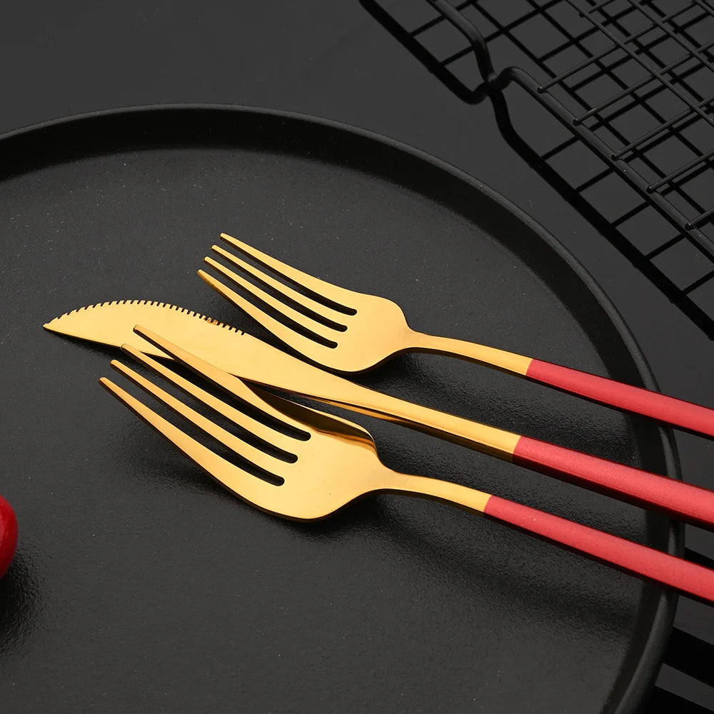 30 Piece Black and Gold Stainless Steel Cutlery Set Durable Dinnerware with Knives Forks and Spoons