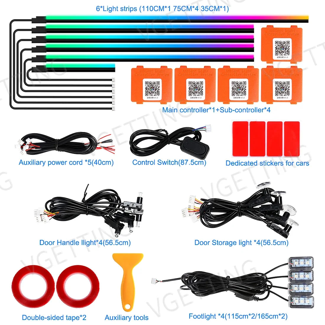 Vgetting 18 in 1 Car Ambient Lights LED Acrylic Strips RGB 64 Colors APP Control