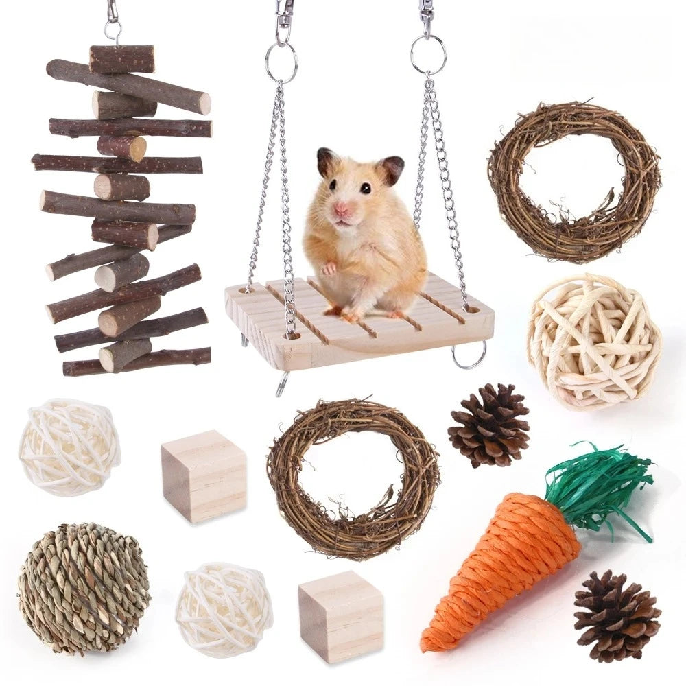 Natural Small Pet Chew Toys for Rabbit, Guinea Pig, Hamster Grass Balls Wood Hanging Toys, Teeth Grinding & Boredom Relief