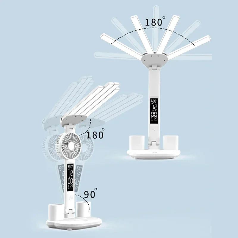 Multifunctional 3 Color LED Desk Lamp with Clock Fan and USB Charging Four Headed Folding Design