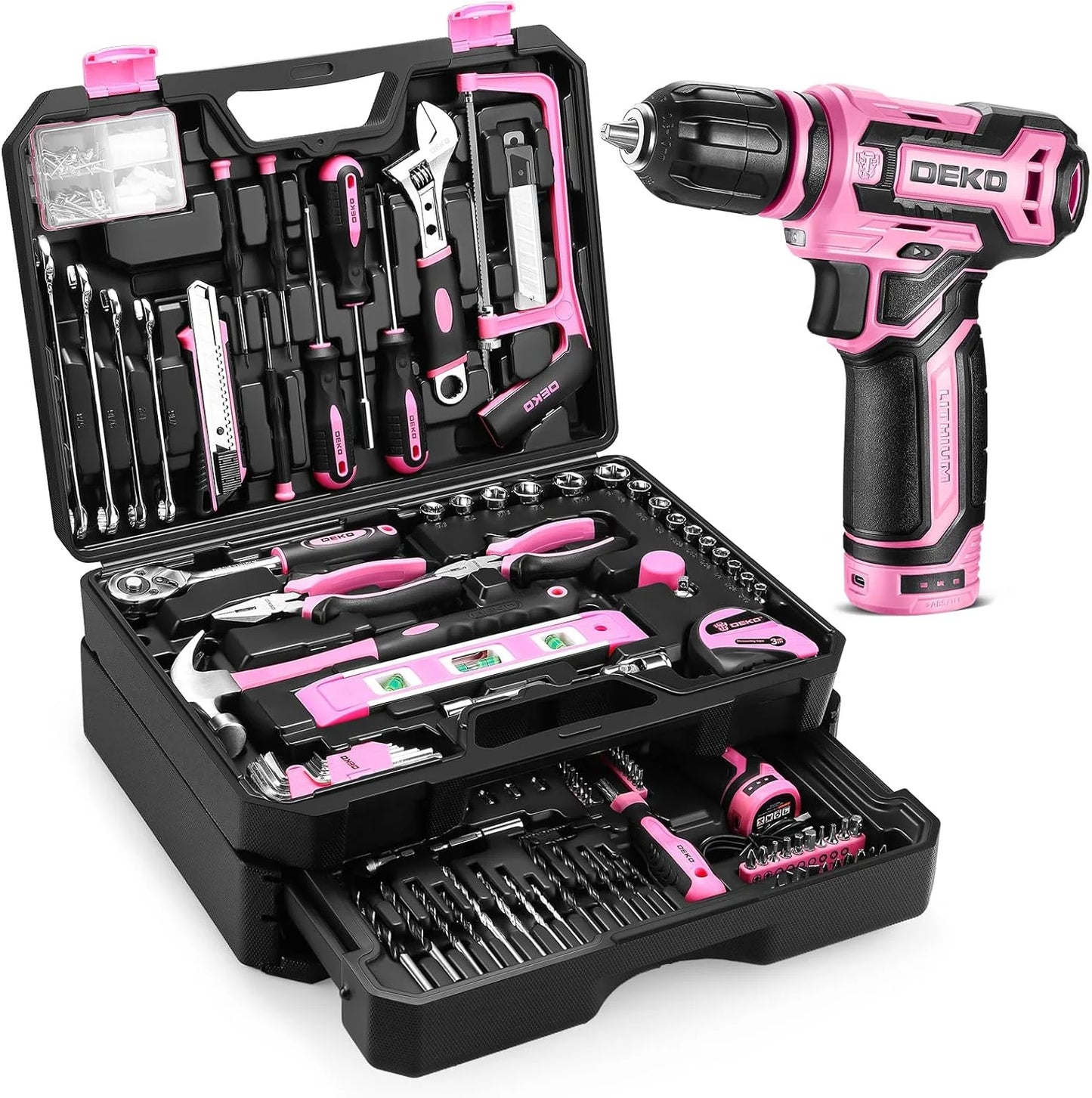 DEKO Home Mechanic Toolbox with 12V Cordless Drill Set