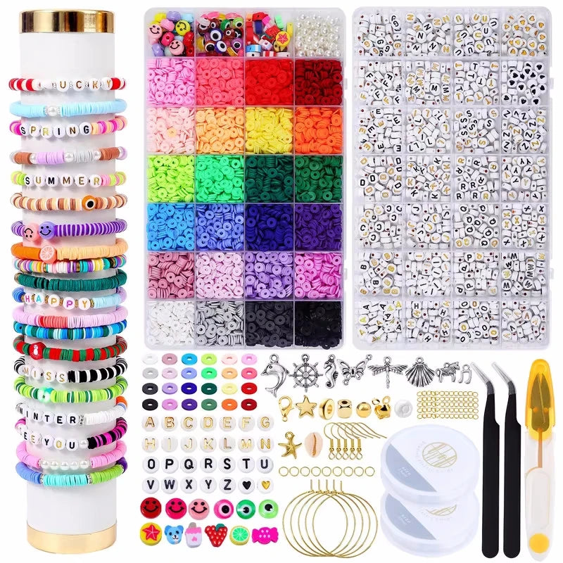 24 Rainbow Color Clay Beads Bracelet Making Kit with 2 Boxes for DIY Jewelry Crafting and Handmade Accessories
