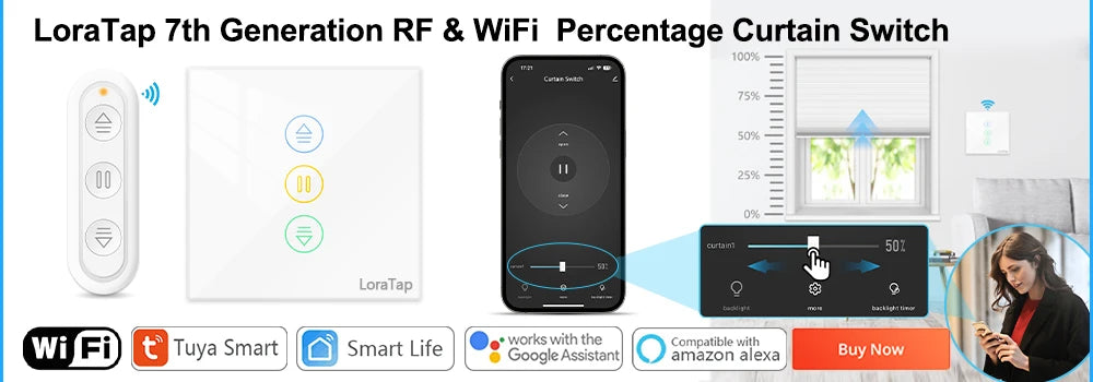 LoraTap Tuya Smart Life WiFi Cortinas Persianas Interruptor Persianas enrollables Interruptor de motor Estilo de luz de fondo Google Home Alexa Control de voz