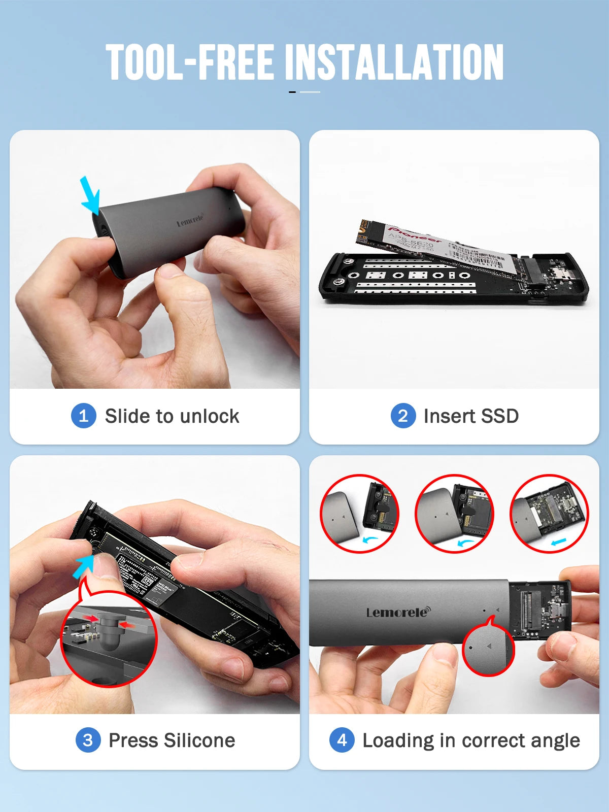 Lemorele M.2 NVMe SSD Enclosure USB 3.1 10Gbps PCIe External Hard Drive Case for M/B+M Key SSDs