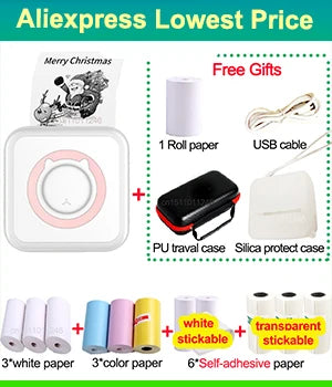 Portable Mini Thermal Printer Wirelessly BT 203dpi Photo Label Memo Printing with USB Cable