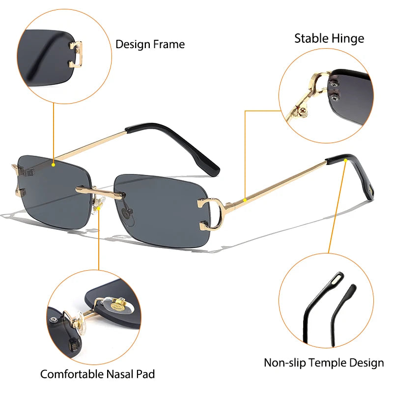 HBK Retro Rimless Small Sunglasses Gold Frame UV400 Eyewear