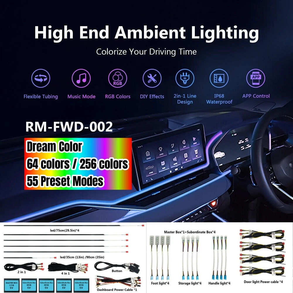 Universal Car Ambient Light Kit With Wireless APP Control 256 RGB Dream Color LED Neon Footlight Accessories