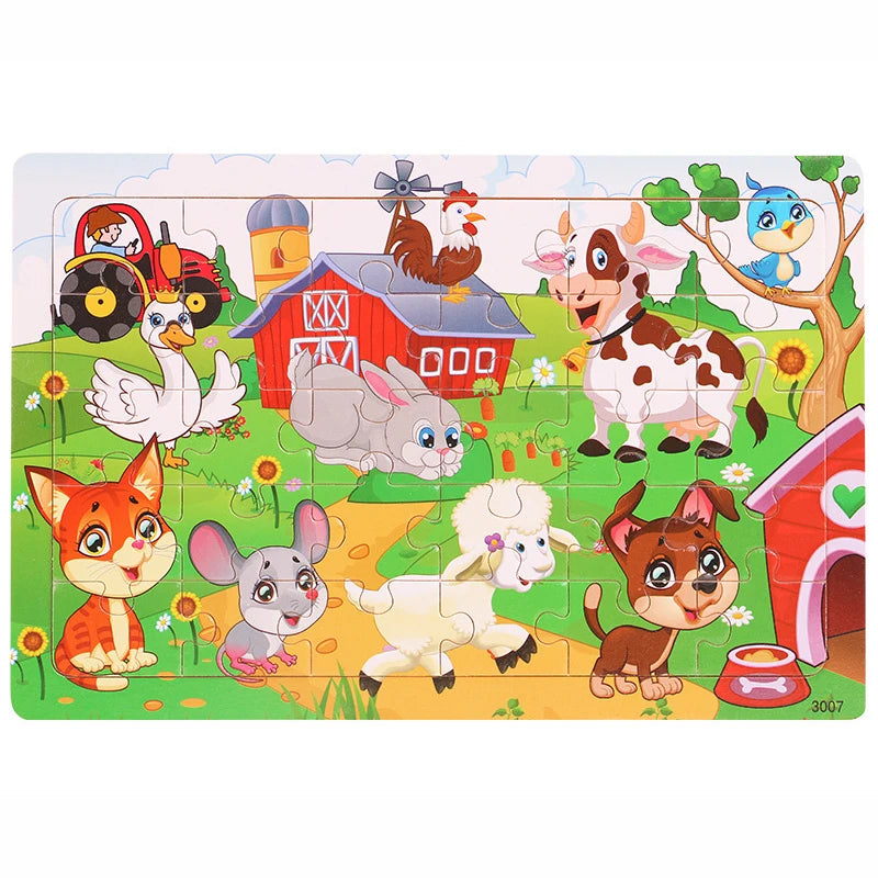 30 Pieces Wooden Jigsaw Puzzle Kids Cartoon Animal Vehicles