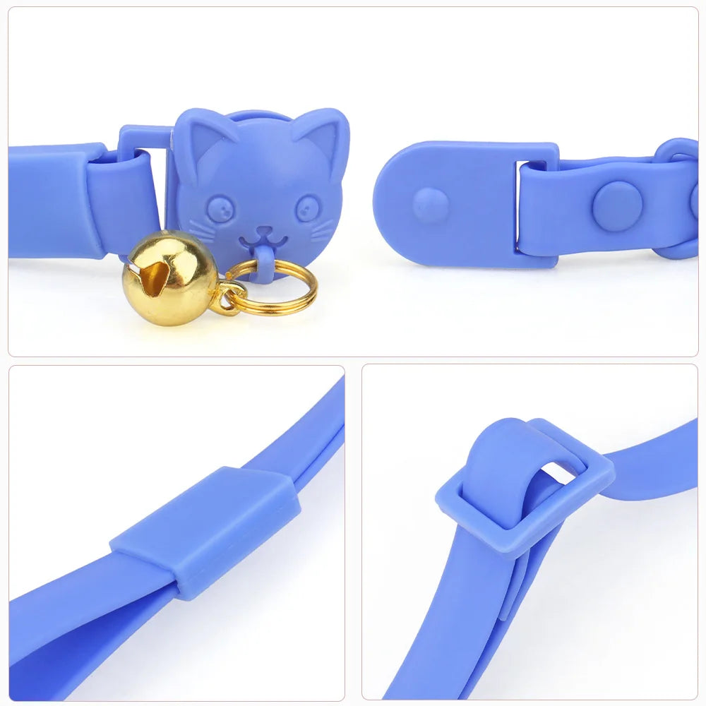 Pet Cat Collar Necklace With Small Bell PVC Waterproof Adjustable Kitten Collar Candy Color