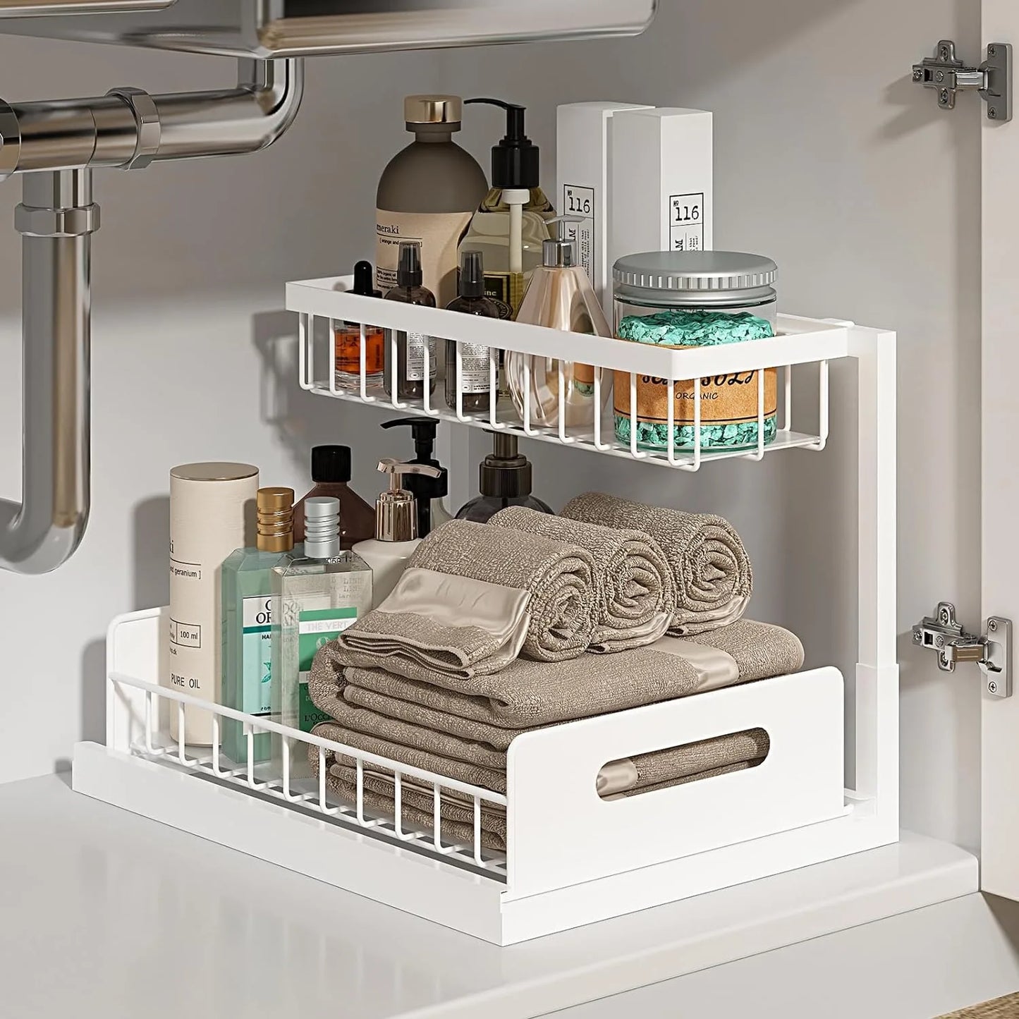 2 Tier Under Sink Organizers with Sliding Drawer for Bathroom and Kitchen Storage