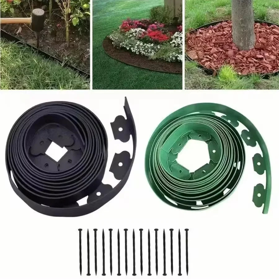 10M Plastic Garden Edging Border Kit with 30 Anchoring Spikes for Easy Installation and Durable Landscape Design