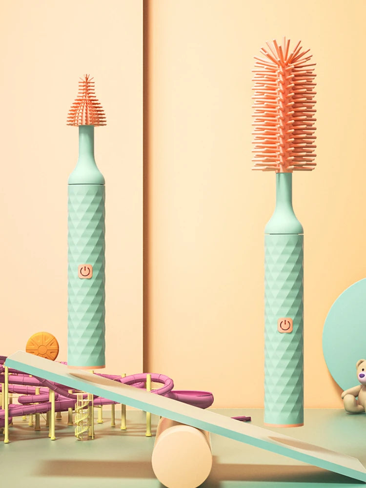 3 Pieces Electric Bottle Brush Set with 360 Degree Rotating Long Handle Waterproof Silicone Cleaning Brushes for Straws and Pacifiers